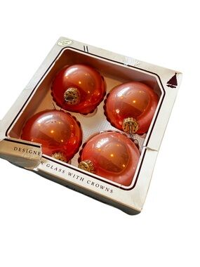 Vintage Christmas by Krebs Tuscany Rose Glass Ornaments Set of 4 Gold Crowns